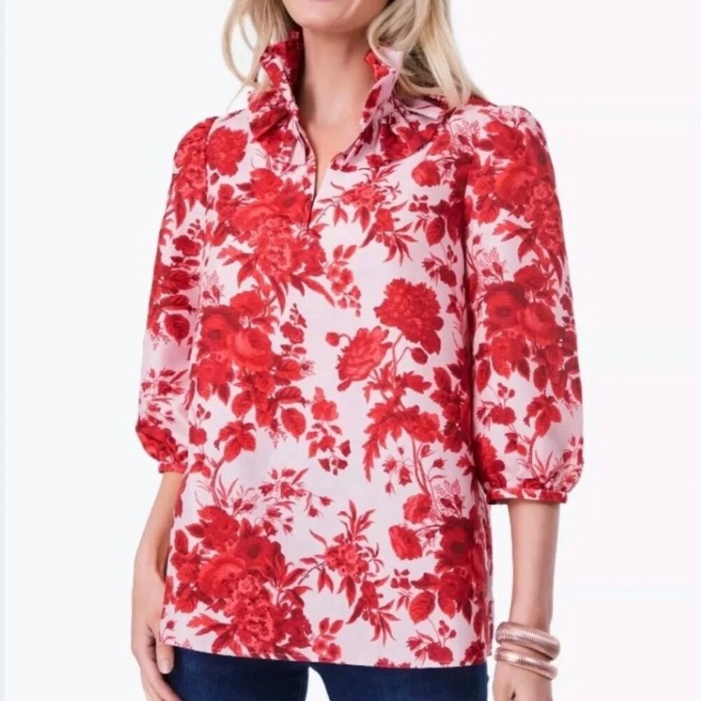 Tuckernuck‎ Zinnia Bloom Bouvier Blouse | Size XXS | Red Floral Ruffle Neck